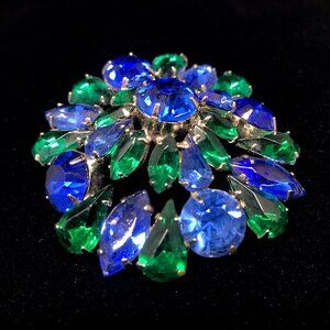 Vintage Sapphire Blue + Emerald Green Domed Rhinestone Costume Brooch